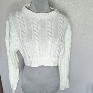 Casual Plain Round Neck Pullovers Long Sleeve White Cable Knit Women Sweater
